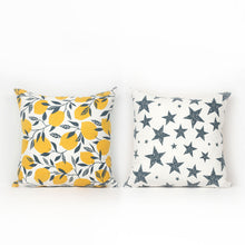 Load image into Gallery viewer, Add a Pop of Citrus to Your Home with our Reversible Linen Lemon Star Pillow 
